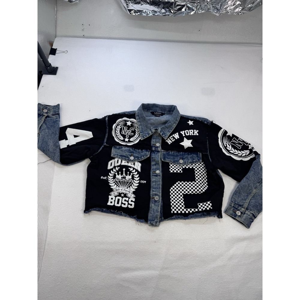Kroix Womens Cropped Denim Jacket XL Black Blue Graphic Streetwear Y2K Raw Hem